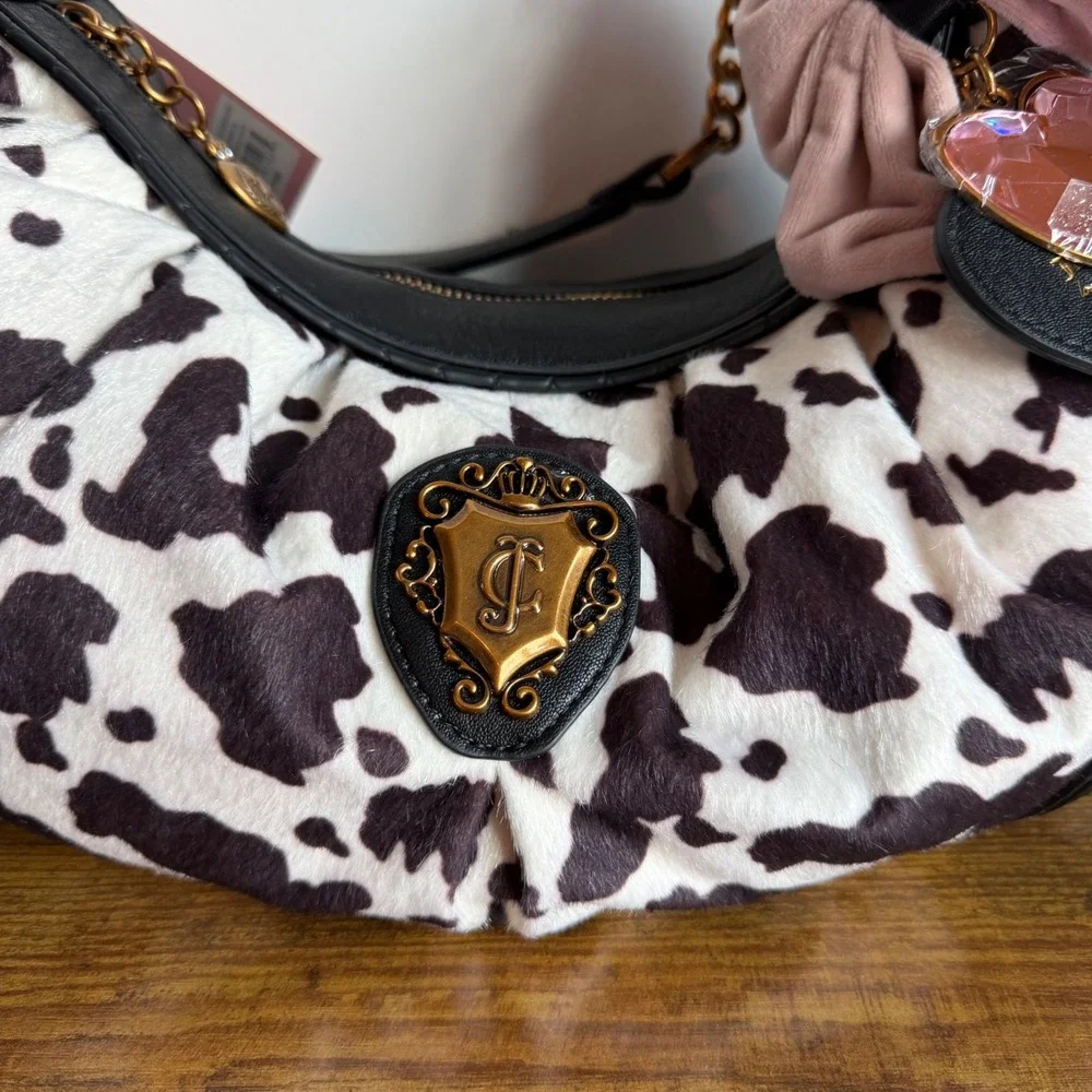 New Juicy Couture Romance Cow Hobo Shoulder Handbag Black Pink Bow Y2K Cute